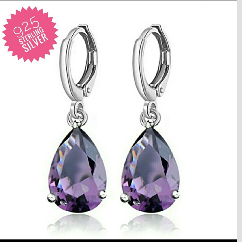 S925 Sterling Silver Purple Red CZ Drop Earring